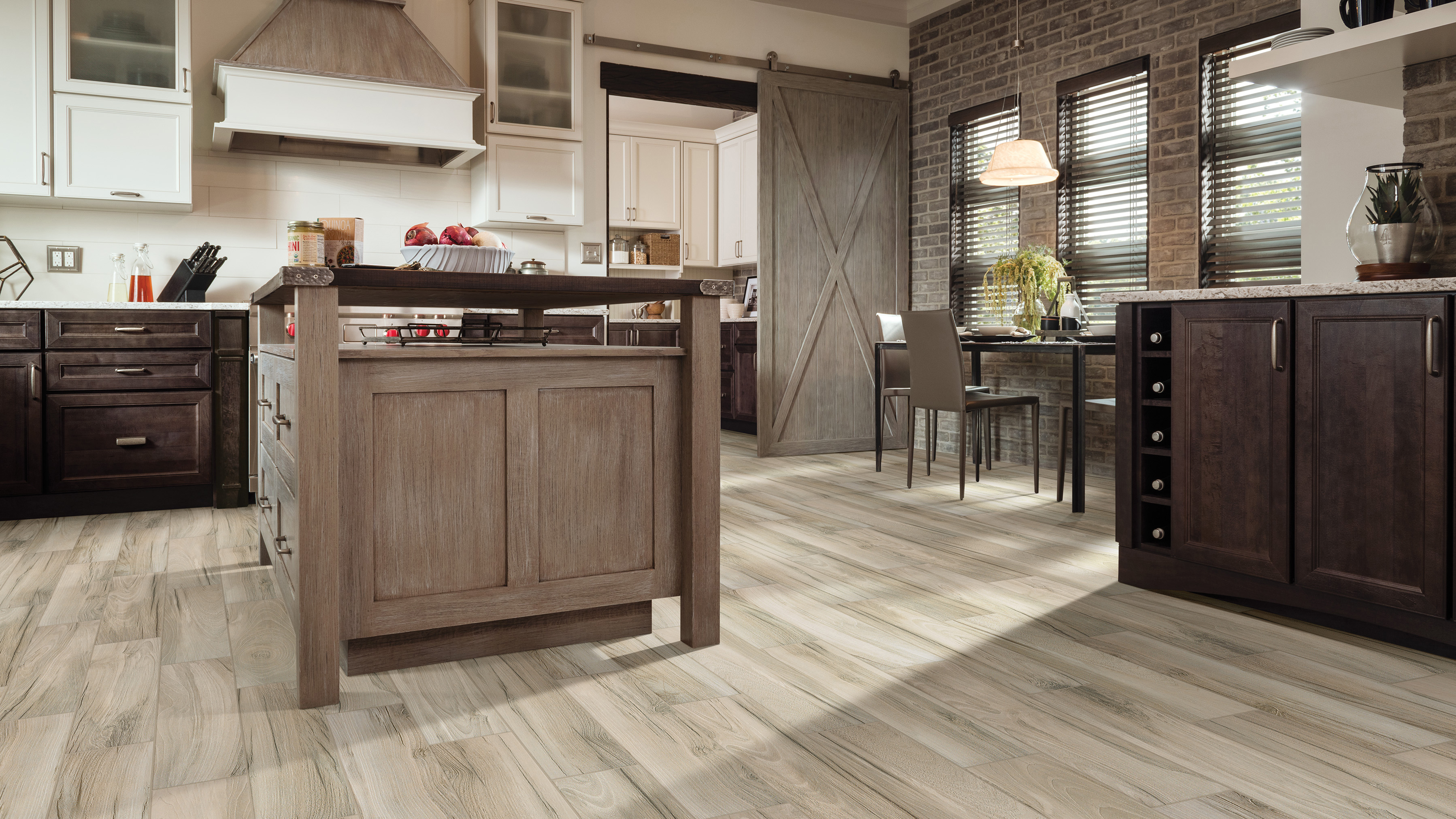 Wood-look tile floors in a kitchen.